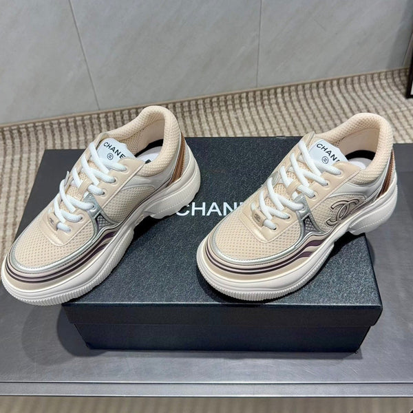 Chanel 25 Sneaker White Beige Silver Mesh Leather 540313