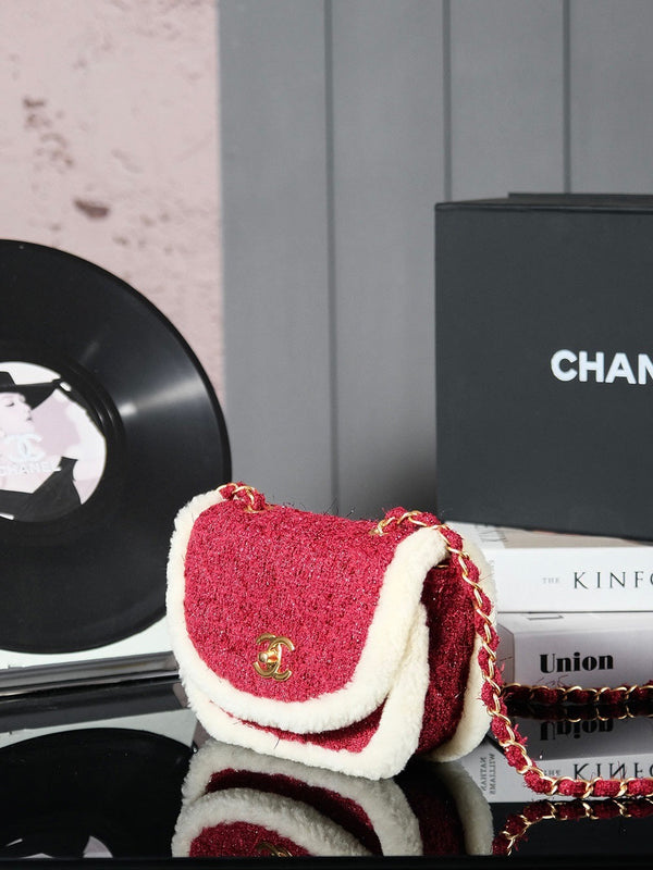 CC 24N Flap Bag 20cm Red Beige Tweed Sherling