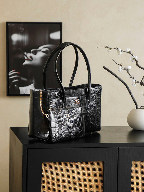 Chanel 25 Crocodile-embossed 40cm Bag Black Cowhide 322959