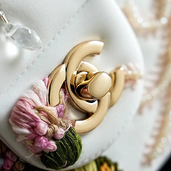 CC 26s Multi-colored Floral Embroidery Bag 25.5cm White Leather