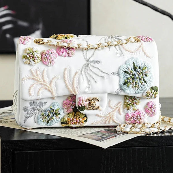 CC 26s Multi-colored Floral Embroidery Bag 25.5cm White Leather