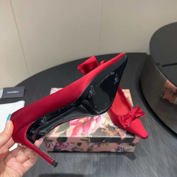 DC 25 Toe Bow High Heel Shoes 100mm Red Silk And Sheepskin 381610