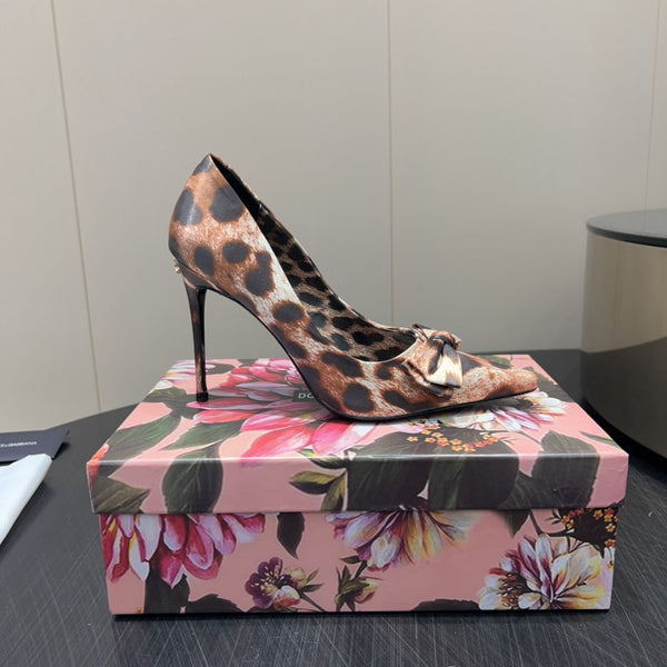 DC 25 Toe Bow High Heel Shoes 35mm Leopard-Print Silk And Sheepskin 381611
