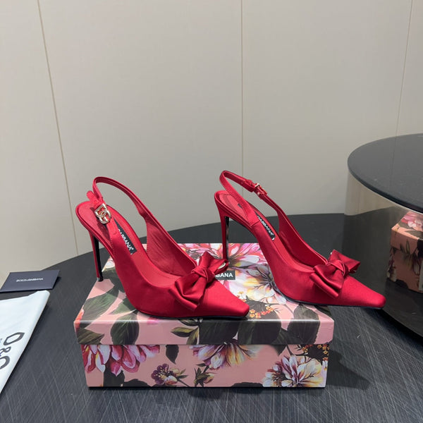DC 25 Toe Bow High Heel Shoes 100mm Red Silk And Sheepskin 381613