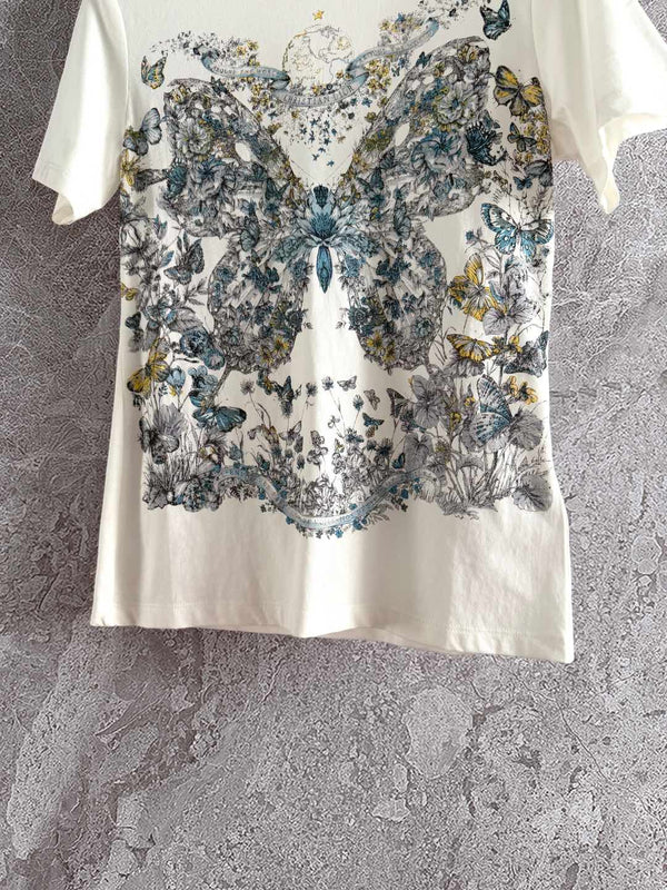 CD Butterfly T-shirt White mix colors Cotton Linen