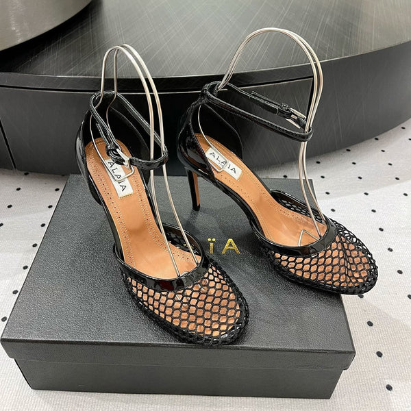 Alaila High Fishnet Pumps 90mm In Black Mesh Fabric 954848