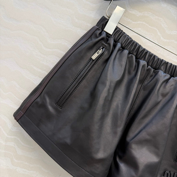 Miu SS26 Striped Nappa Leather Shorts Black Lambskin 351112