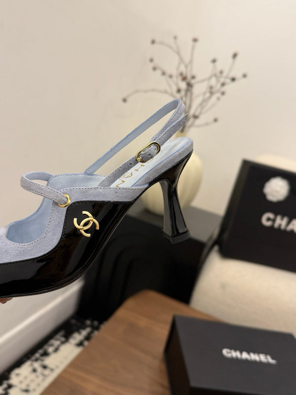 CC 26FW Slingback 7.5cm Grey Black Suede Patent Leather 676121
