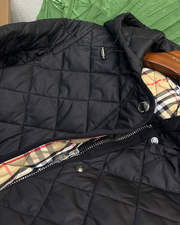 Burberry 25 Quilted Hooded Long Coat Black Polyester Cotton
