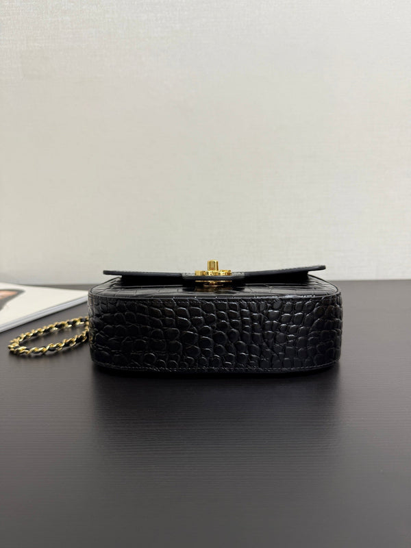 CC Mini Flap Bag with Top Handle Black Crocodile Embossed Calfskin