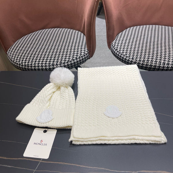 Moncler Hat Scarf Set White Cable Knit Fur 481806