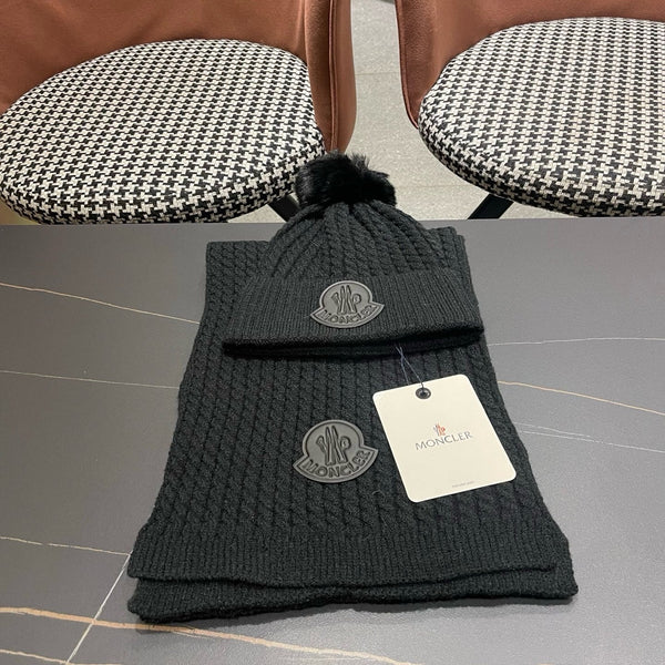 Moncler Hat Scarf Set Black Cable Knit Fur 481807