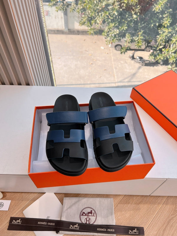 CHYPRE SANDAL IN AEGEAN BLUE MIX BLACK CALFSKIN