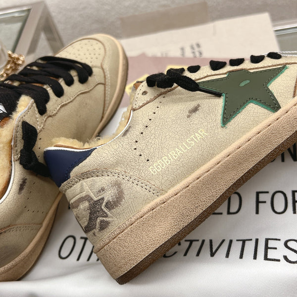 BALL STAR SNEAKERS IN RODEO DUST BEIGE CALFSKIN WITH GREEN STAR BLUE HEEL TAB