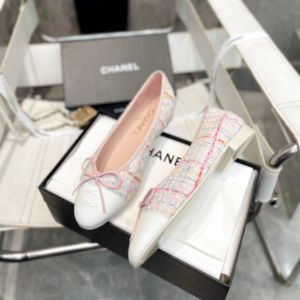 CC Bow Ballet Flats White Colorful Tweed Lambskin 818100