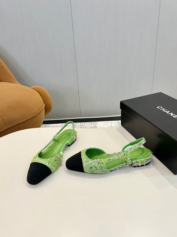 cc 25c slingback flat green tweed black grosgrain 233611