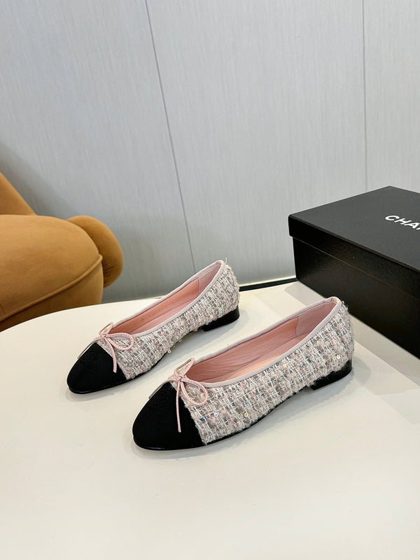 cc 25c ballet flat pink white tweed black grosgrain 233622