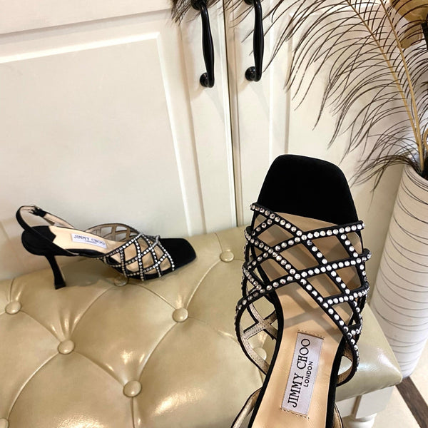 Jimmy Choo Saila Sandals 9cm Black Sheepskin Suede 688233