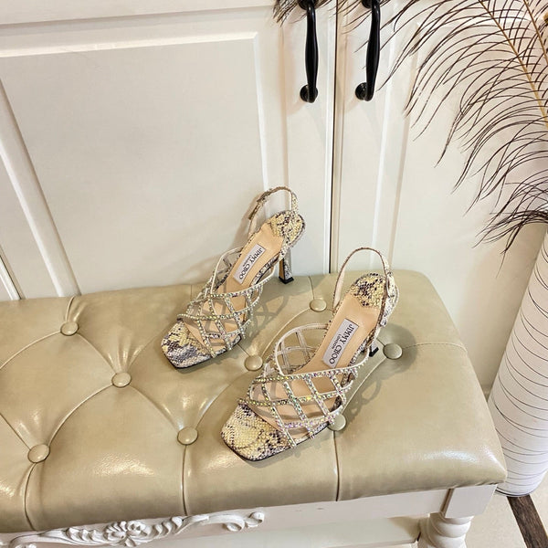 Jimmy Choo Saila Sandals 9cm Beige Sheepskin/Snake-Print Leather 688239