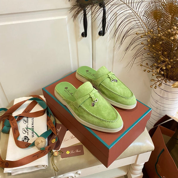 LP 26s Lock Charm Mules In Light Green Suede