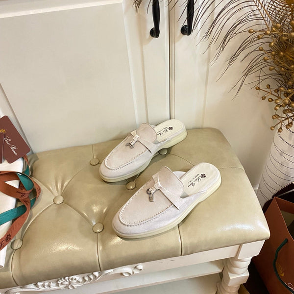 LP 26s Lock Charm Mules In Cream White Suede