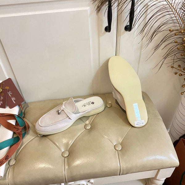 LP 26s Lock Charm Mules In Cream White Suede