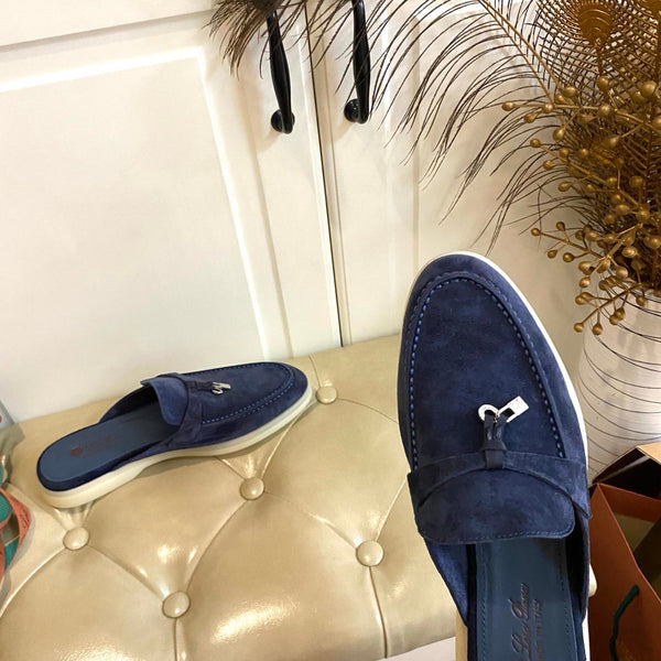 LP 26s Lock Charm Mules In Navy Blue Suede