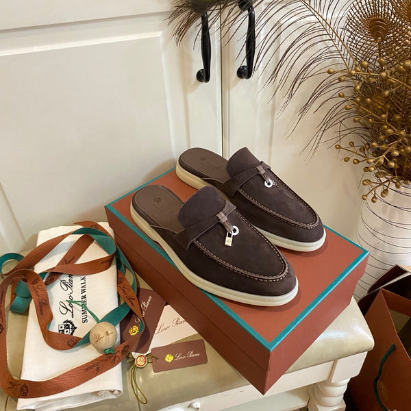 LP 26s Lock Charm Mules In Dark Brown Suede