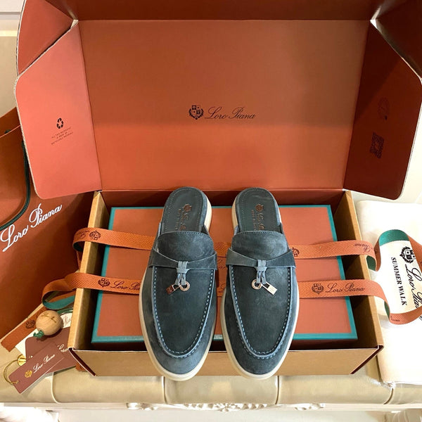 LP 26s Lock Charm Mules In Slate Blue Suede