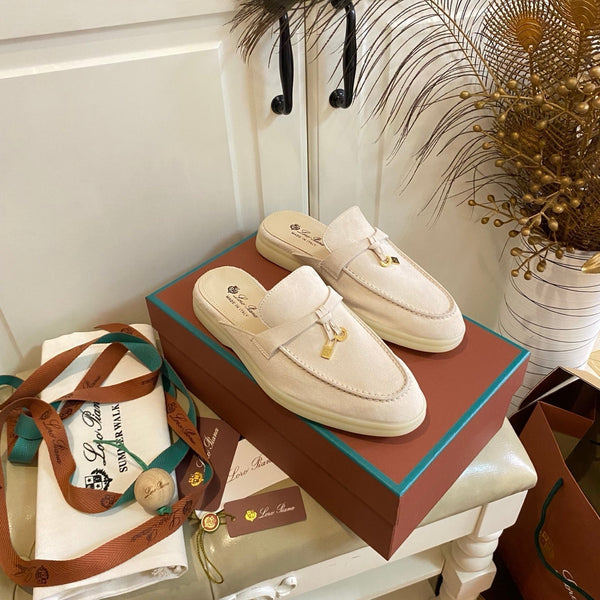 LP 26s Lock Charm Mules In Beige Suede
