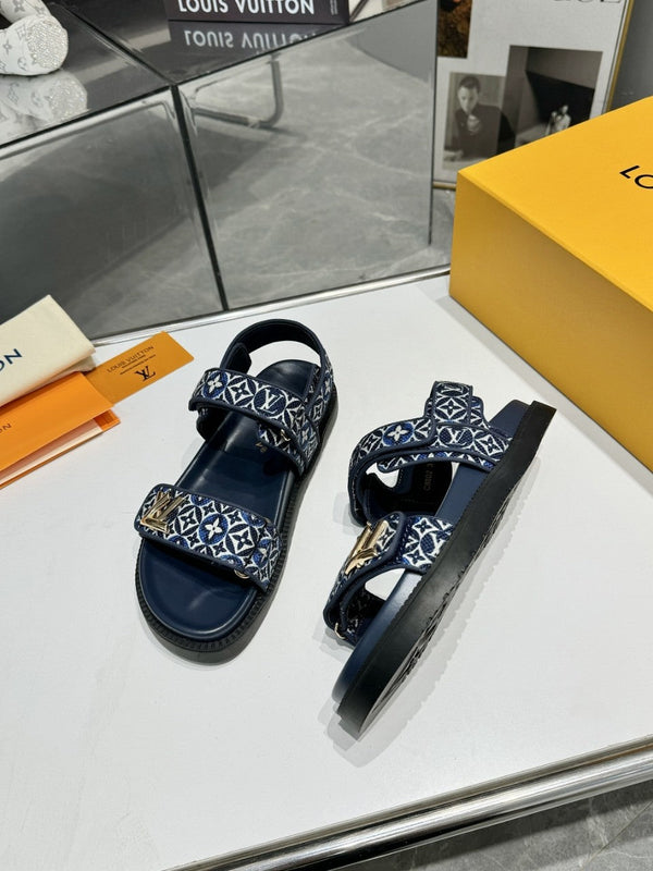 LV Sunset Flat Comfort Sandal Navy Blue Monogram Jacquard Calfskin Cotton 626706