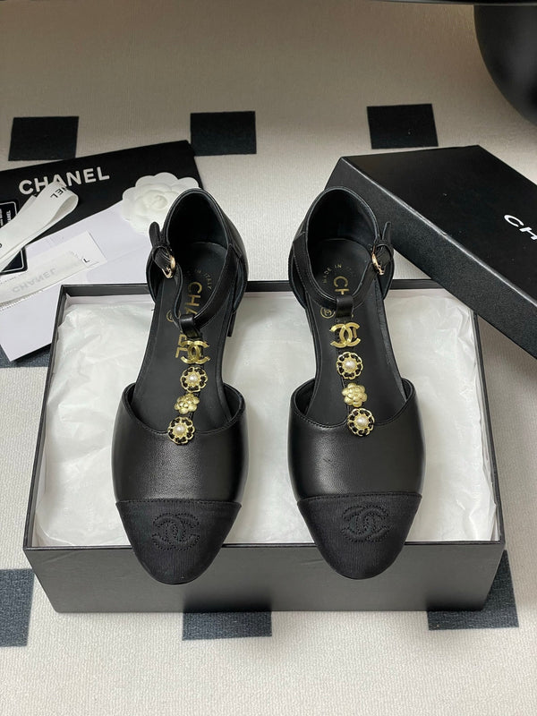 CC 25S Jewelry Double C Buckle T-Strap Mary Jane Black Lambskin Grosgrain 247713