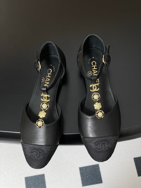 CC 25S Jewelry Double C Buckle T-Strap Mary Jane Black Lambskin Grosgrain 247713