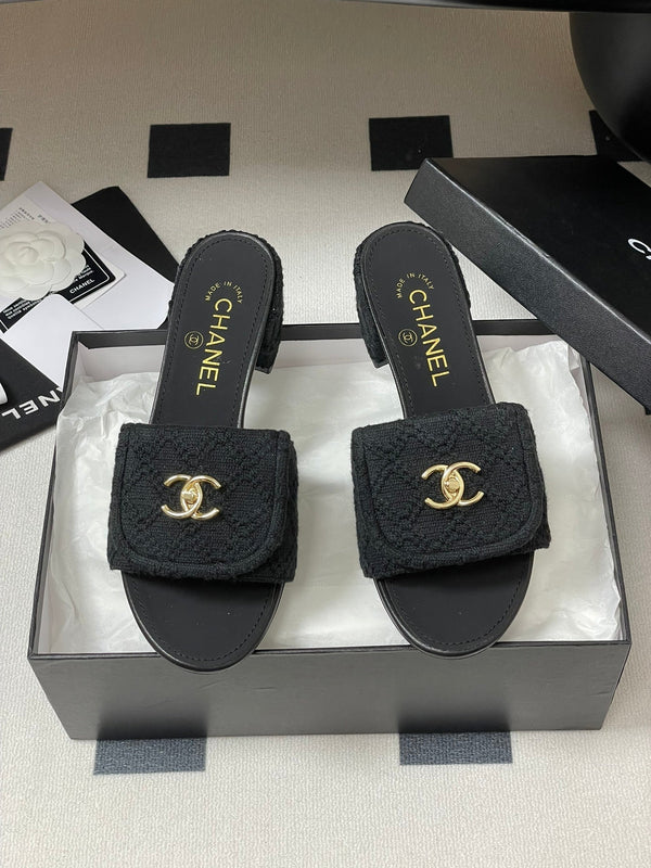 CC 25S Buckle Bag Mule Sandal 50mm Black Fabric and Sheepskin 247600