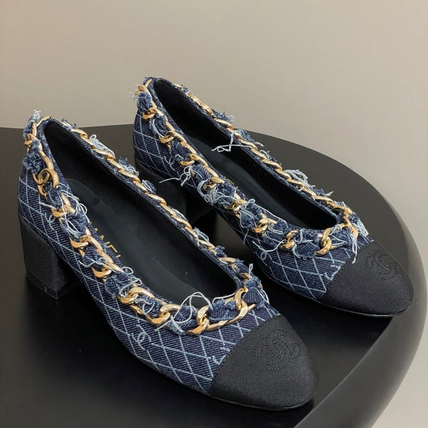 Chanel 25A 55mm Pump Big Chain Double C Dark Blue Denim Sheepskin 393811
