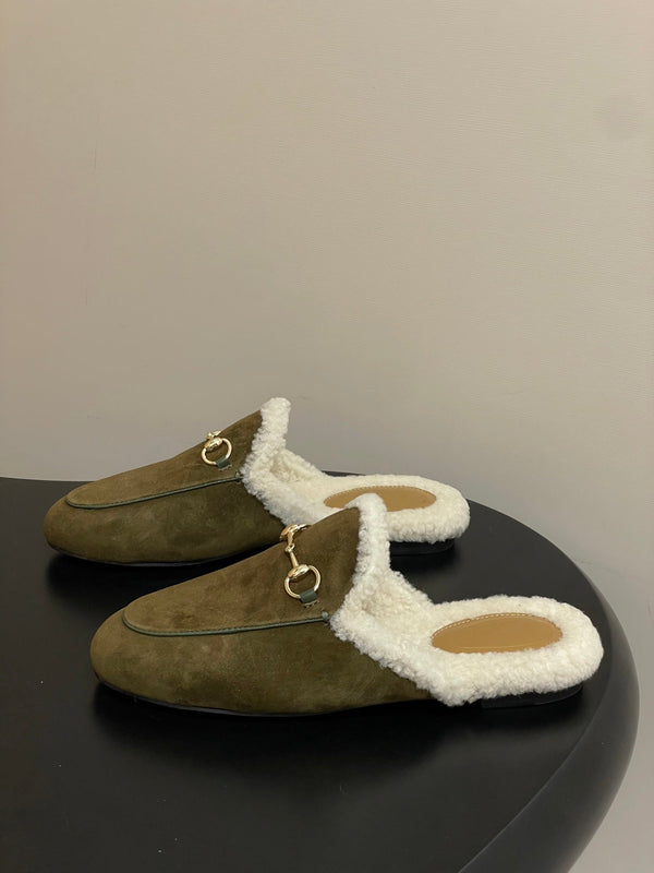 GG horsebit flat mules olive green suede and wool 534707