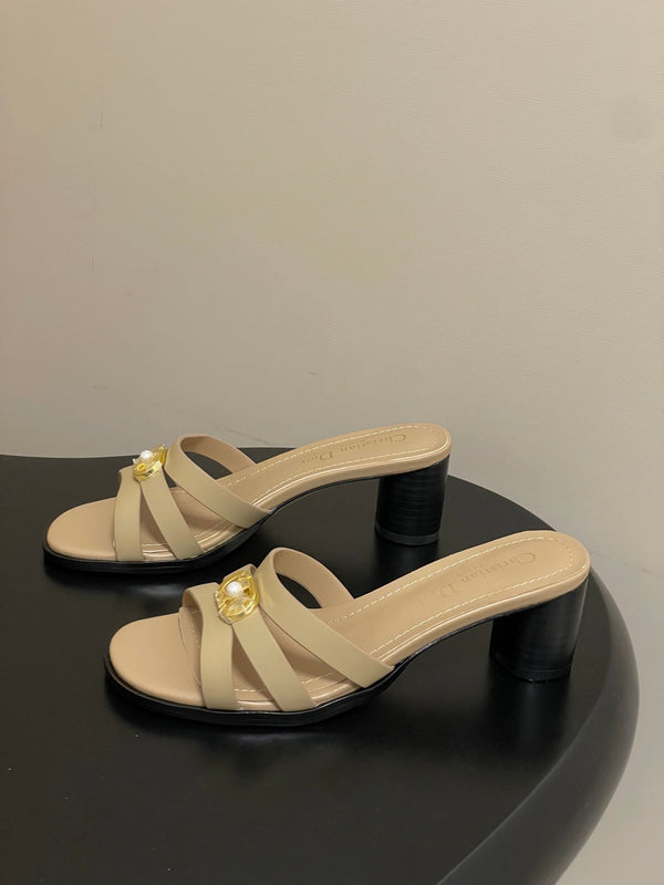CD 26 Chunky Heel Sandals 50 Beige Leather 593531