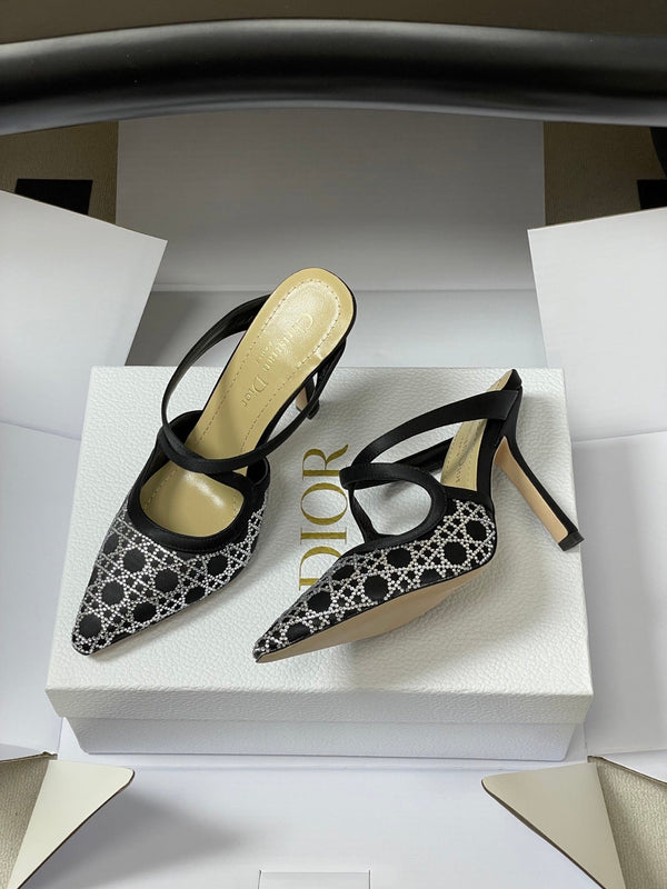 CD 26 High-Heeled Mules Black Diamond Mesh Sheepskin 593590