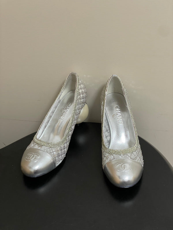 CC 26 Beaded Sequin Pump With Double C Pearl Heel Silver Mesh Leather 593160