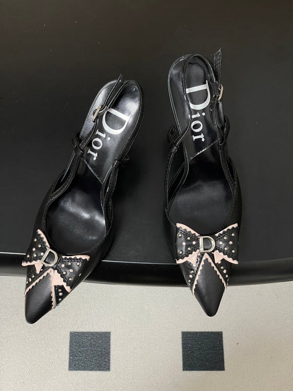 CD 26 D'Trick Slingback Heels 10cm Black Bow Detail Sheepskin 632583