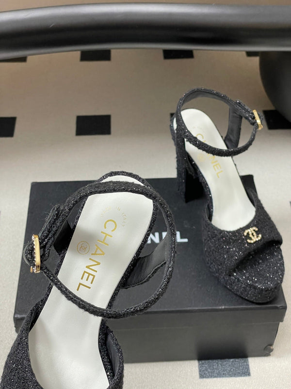 CC 26SS Platform Sandals 120mm Black Double C Tweed 632570