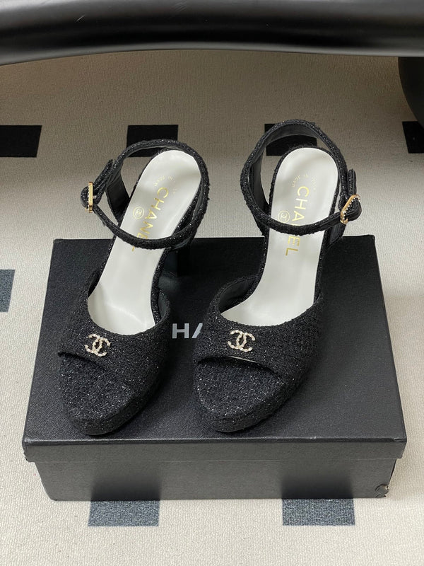 CC 26SS Platform Sandals 120mm Black Double C Tweed 632570