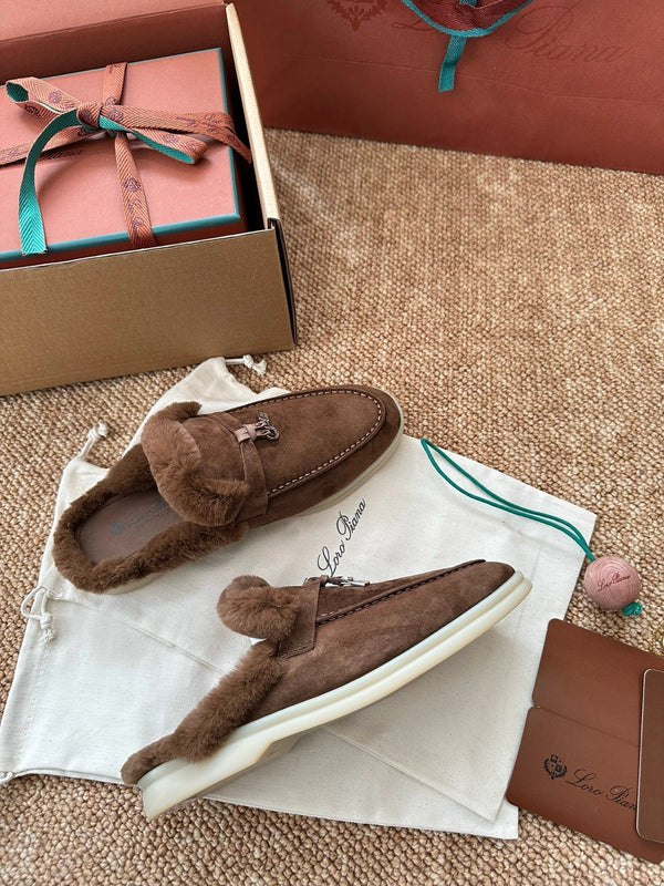 Loro Piana Charms Walk Flat Mules Chocolate Suede Fur 623529