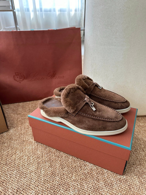 Loro Piana Charms Walk Flat Mules Chocolate Suede Fur 623529