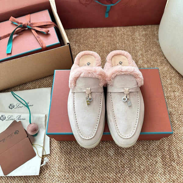 Loro Piana Charms Walk Flat Mules Light Pink Suede Fur 623533