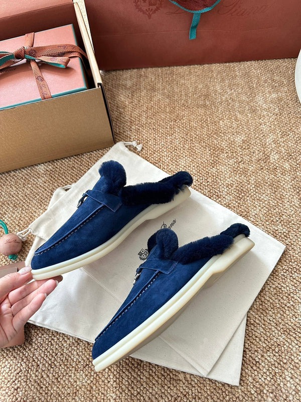 Loro Piana Charms Walk Flat Mules Dark Blue Suede Fur 623532