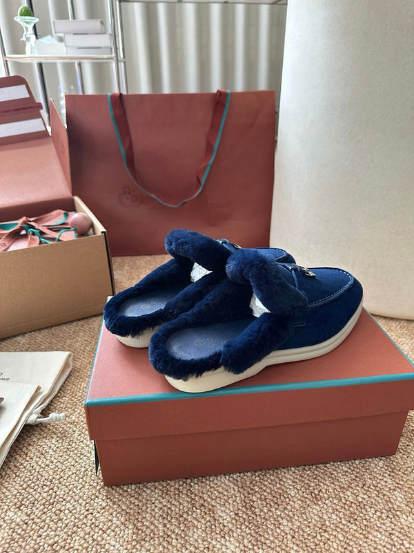 Loro Piana Charms Walk Flat Mules Dark Blue Suede Fur 623532