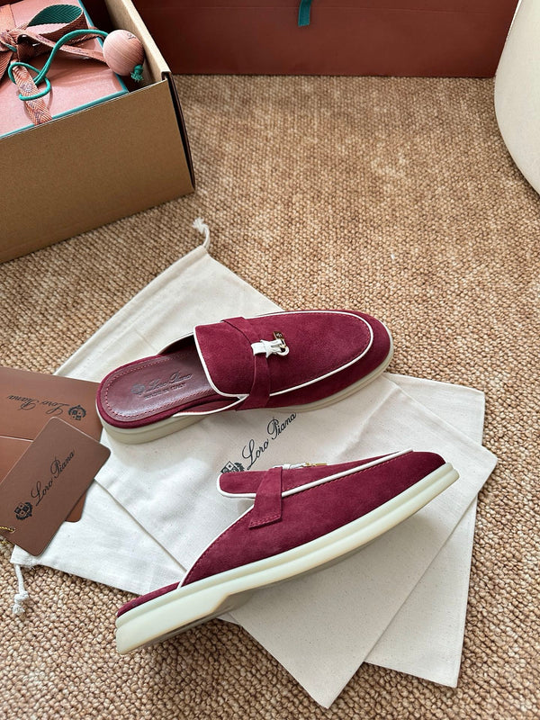 Loro Piana Charms Walk Flat Mules Burgundy Suede 623547