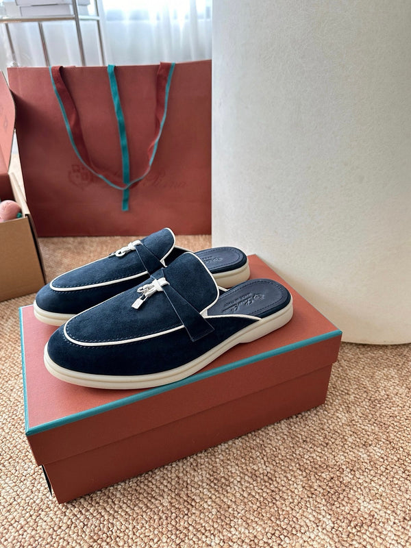 Loro Piana Charms Walk Flat Mules Deep Blue Suede 623550