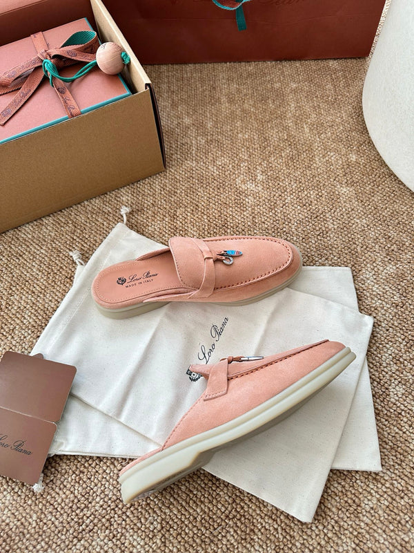Loro Piana Charms Walk Flat Mules Himalayan Salt Suede 623554